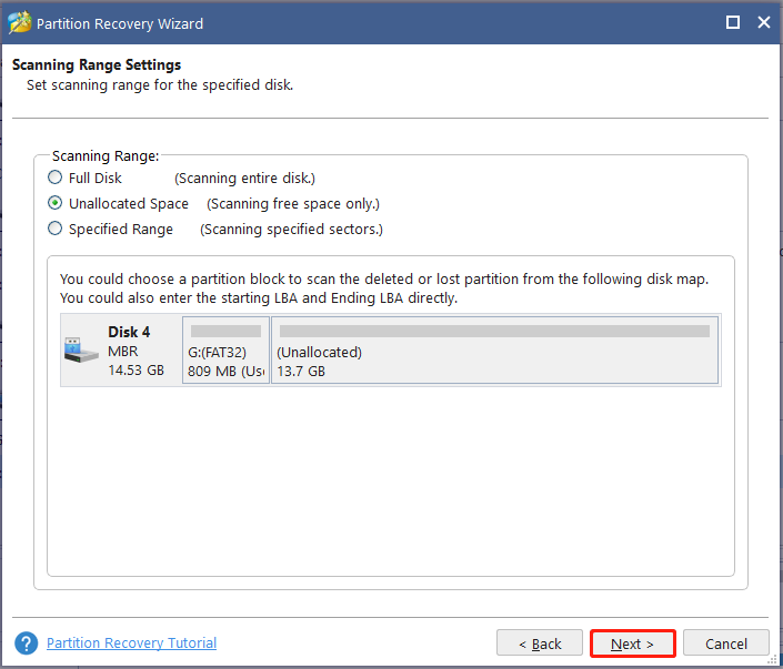 set scanning range on MiniTool