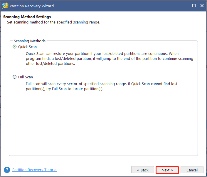 select Scanning method on MiniTool