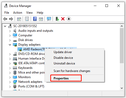 open Properties of the display driver