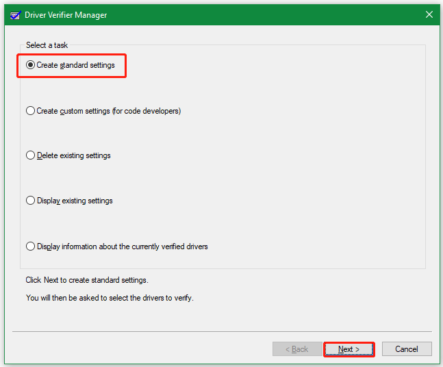 select Create standard settings