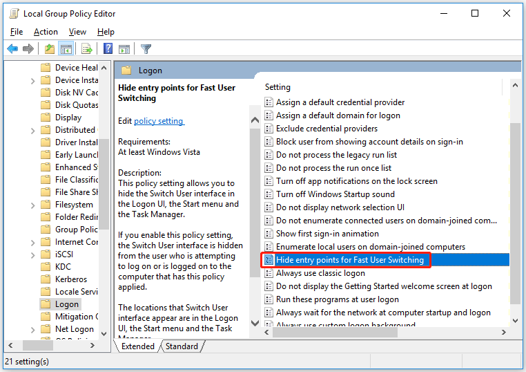 double-click Hide entry points for Fast User Switching