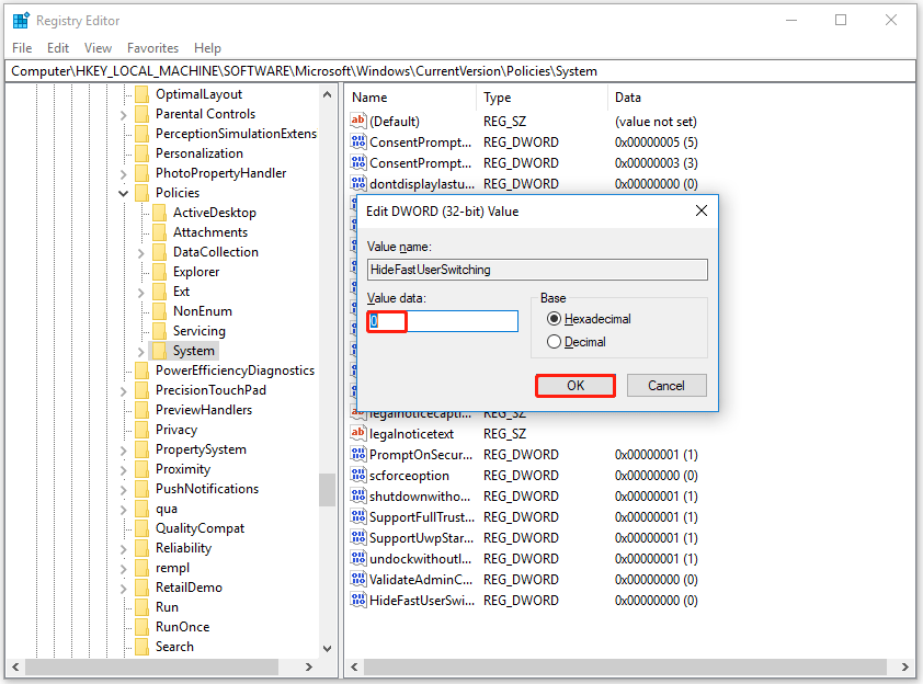 set the HideFastUserSwitching value data to 0