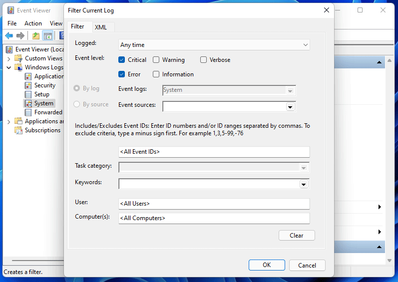 filter Windows logs