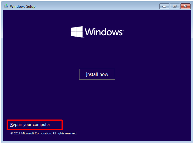 click Repair your computer on Windows Setup