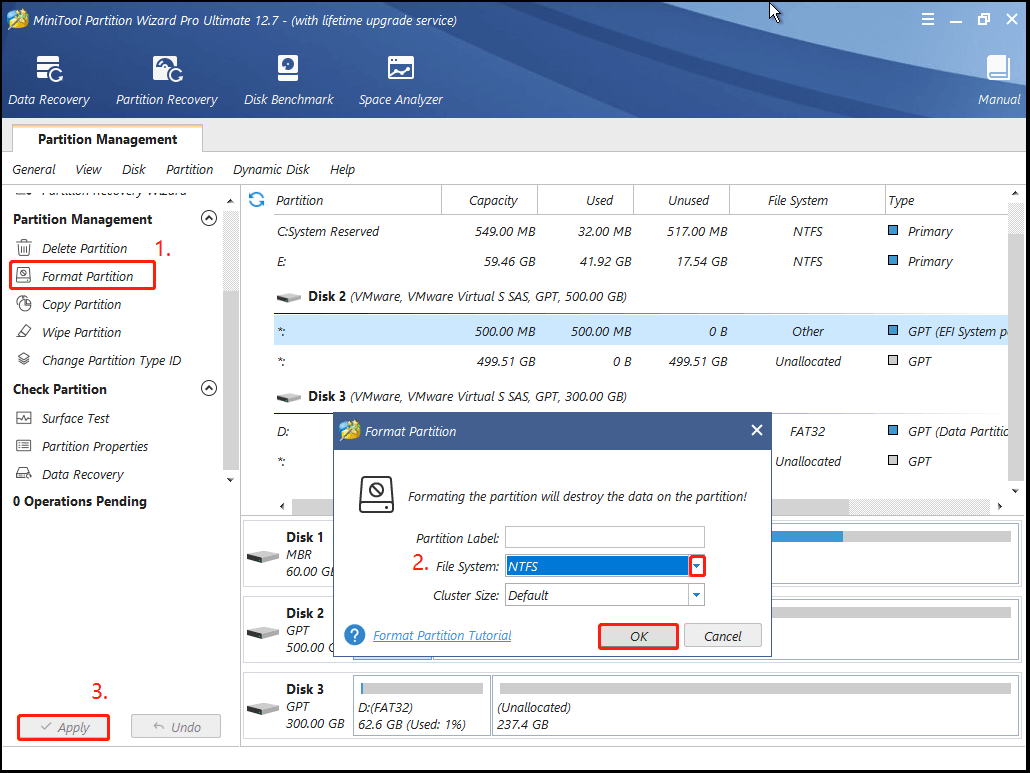 format a partition to NTFS using MiniTool bootable