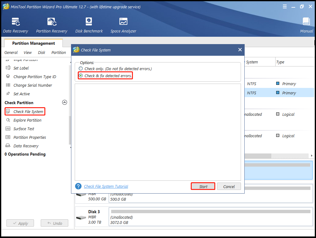 Check File System using MiniTool Partition Wizard