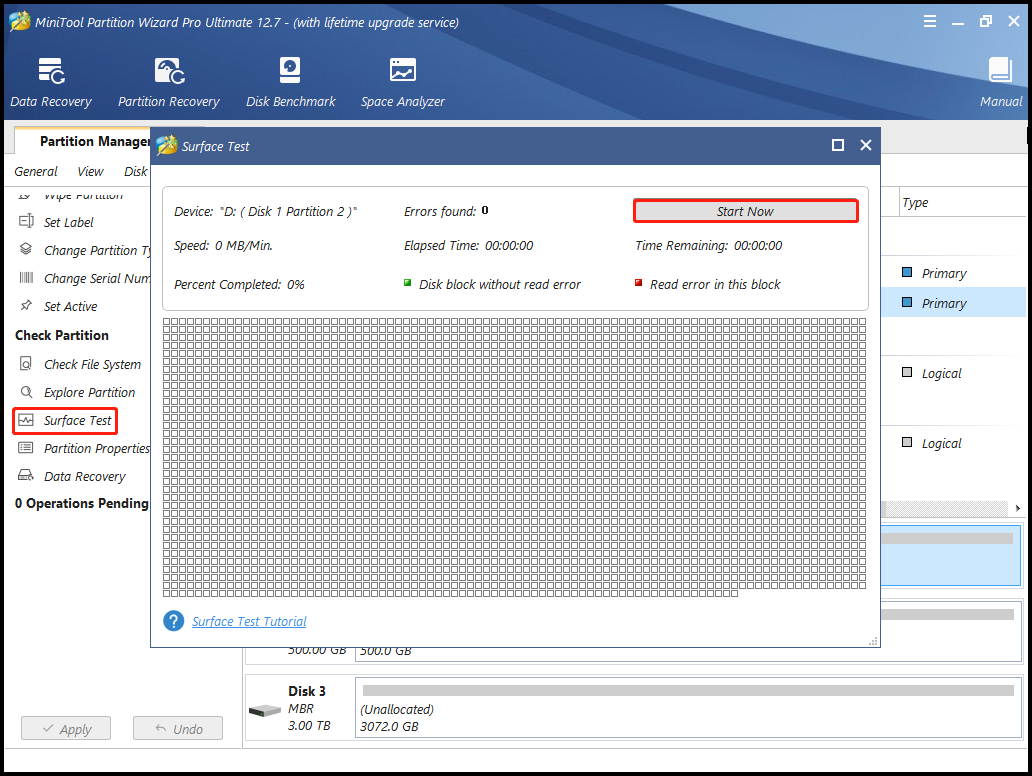 Surface Test using MiniTool Partition Wizard