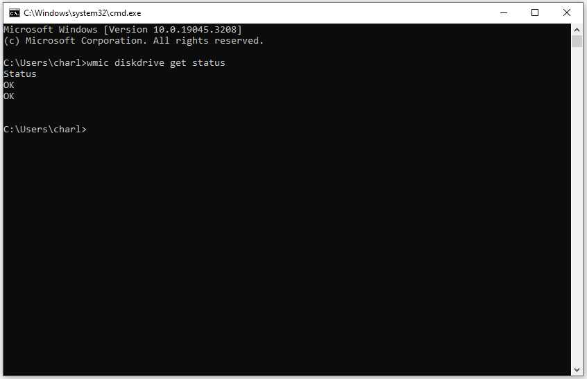 run the wmic command to check the status of the hard drive