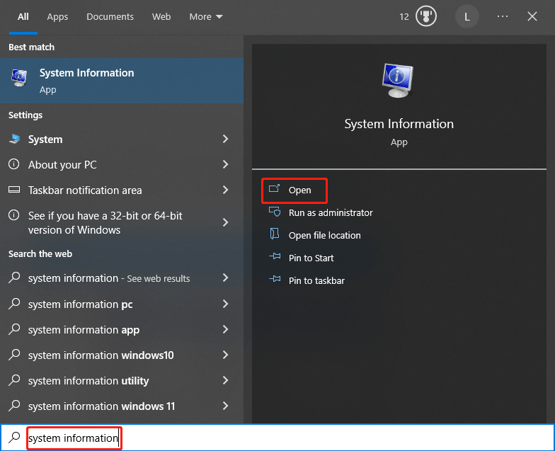 open System Information from the Search box