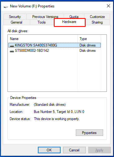 The Hardware tab in Drive Properties