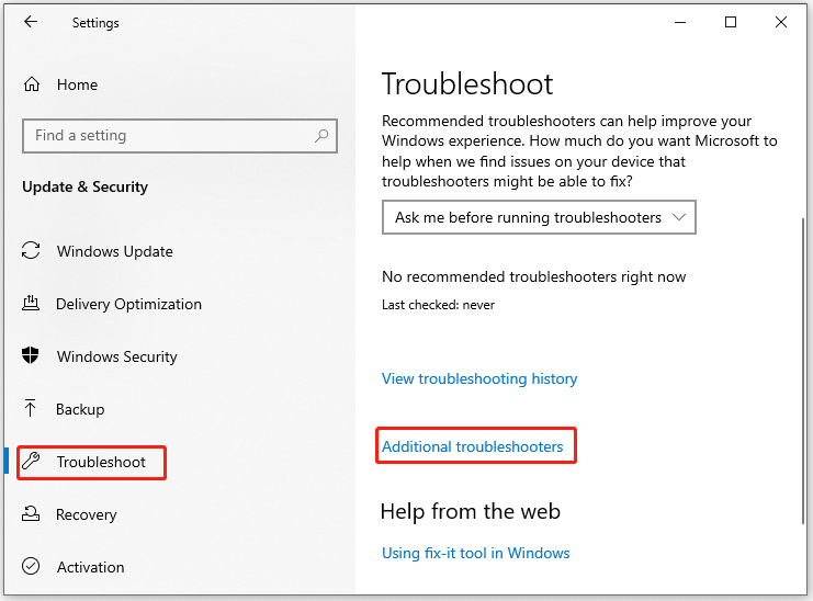 click Additional troubleshooters