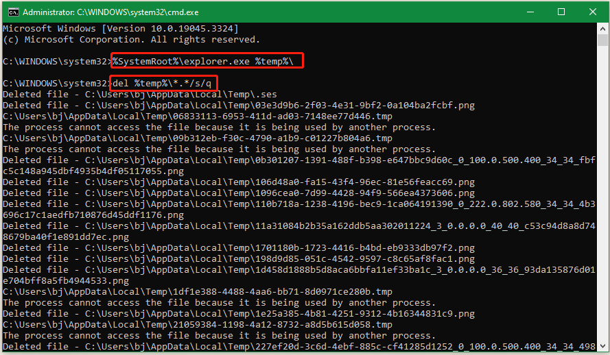 clear temp files using CMD