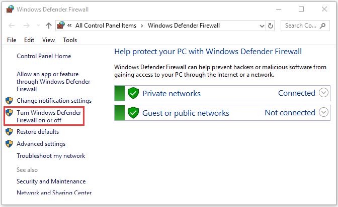 Turn Windows Defender Firewall on or off 