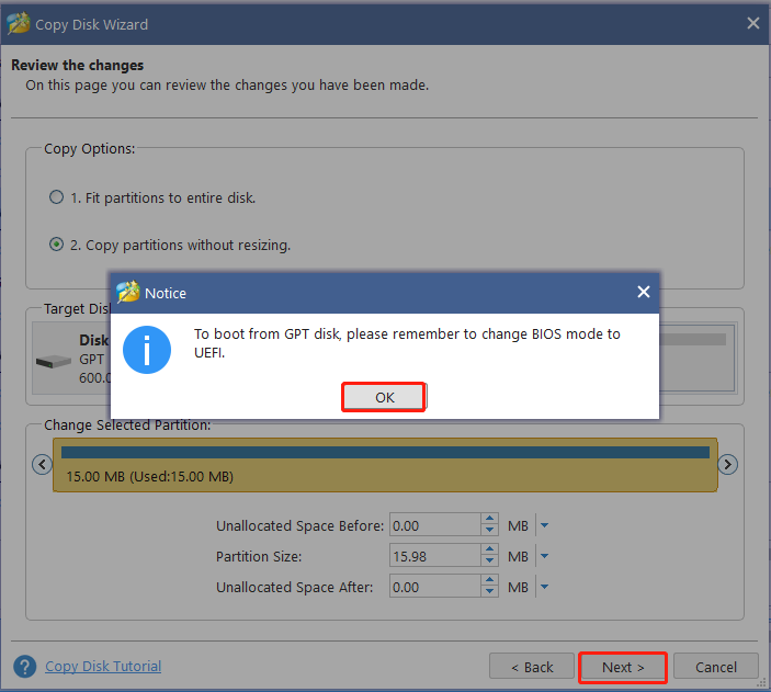 The Copy Disk Wizard interface with the selected OK option.