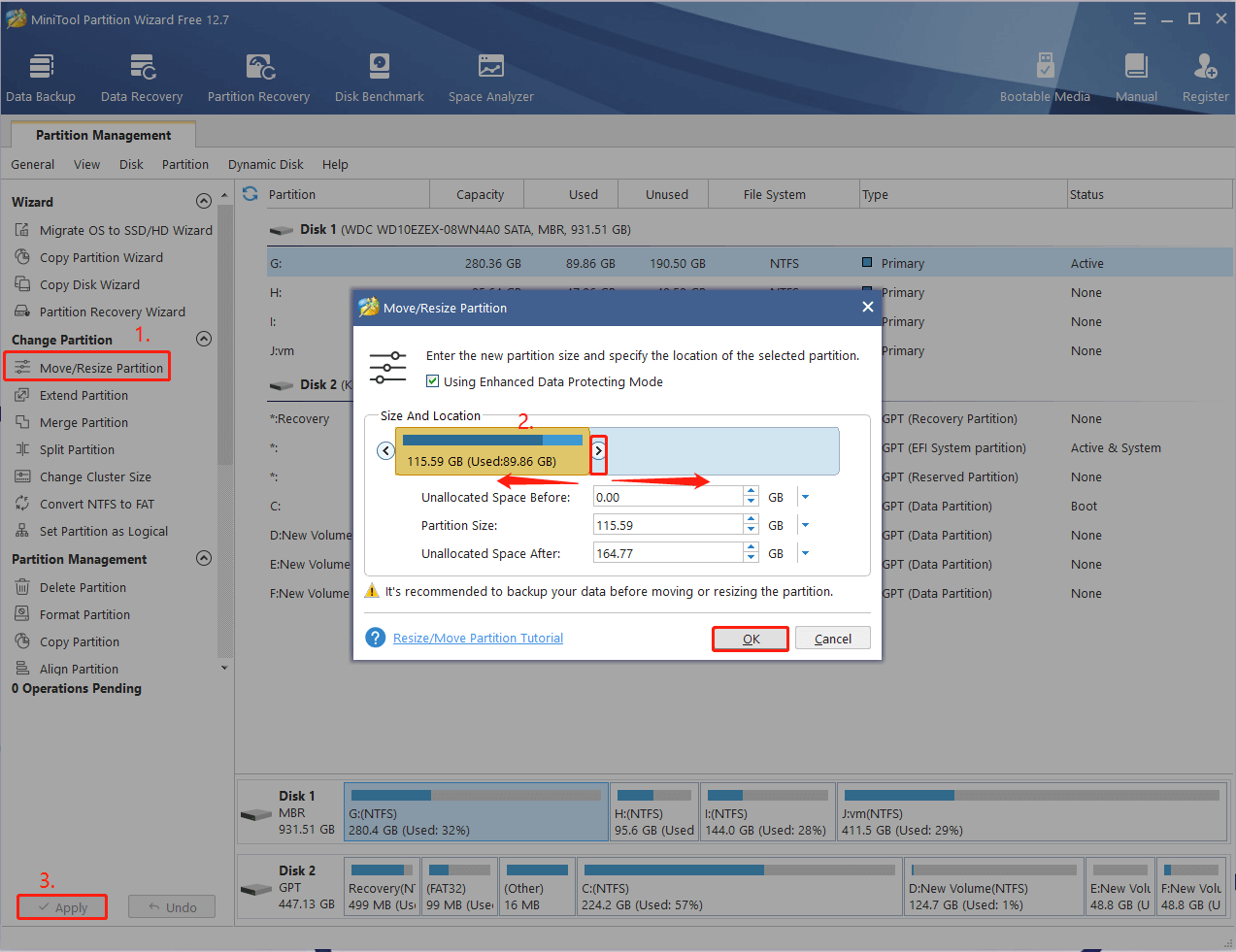 resize partition using MiniTool