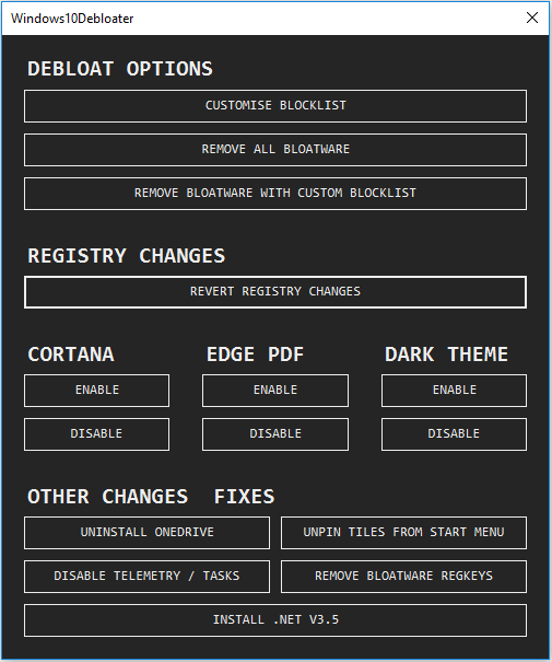 Windows10Debloater main interface