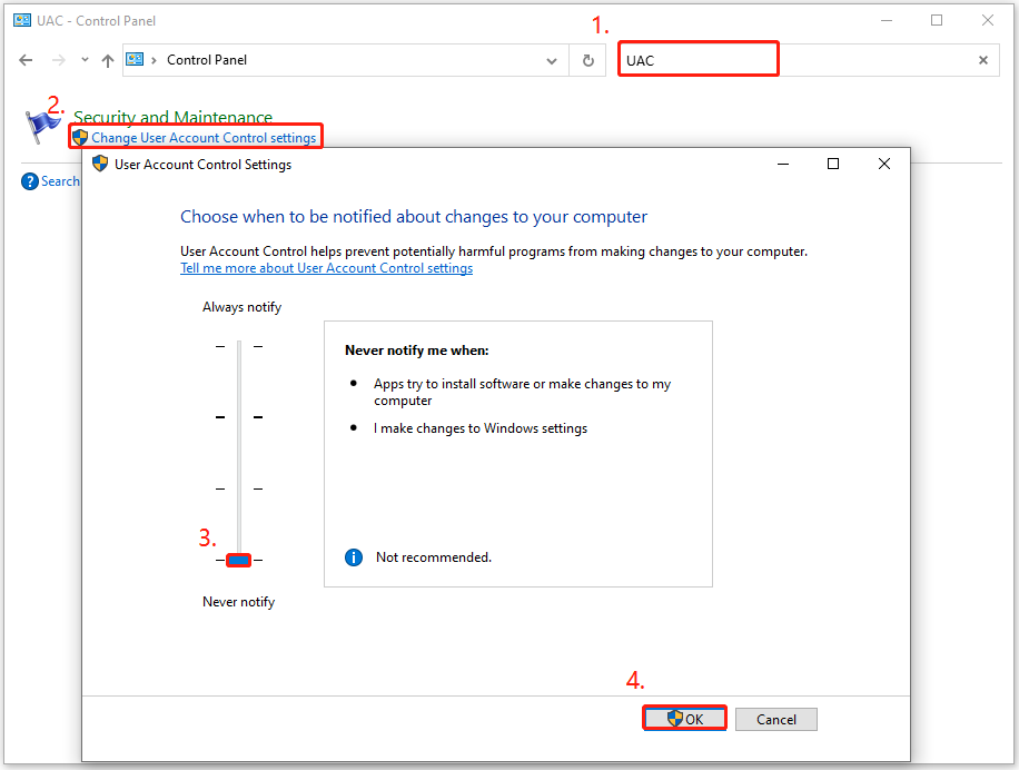 the steps to disable UAC