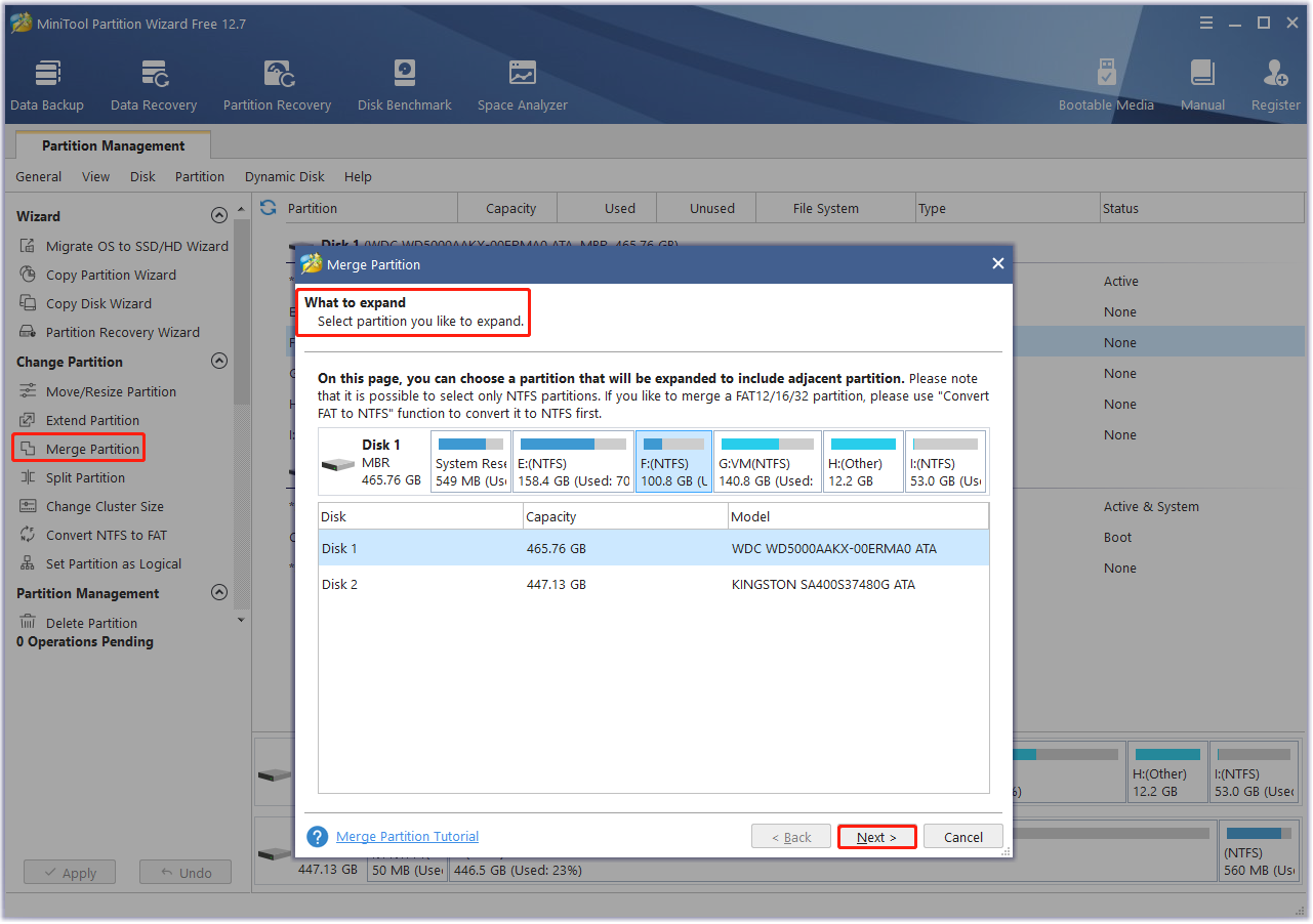 Select the partition to extend