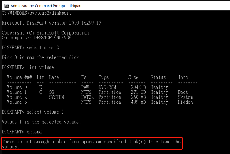 DiskPart there is not enough space to extend the volume