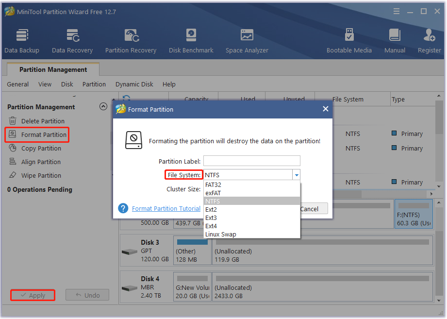 format hard drive using MiniTool Partition Wizard