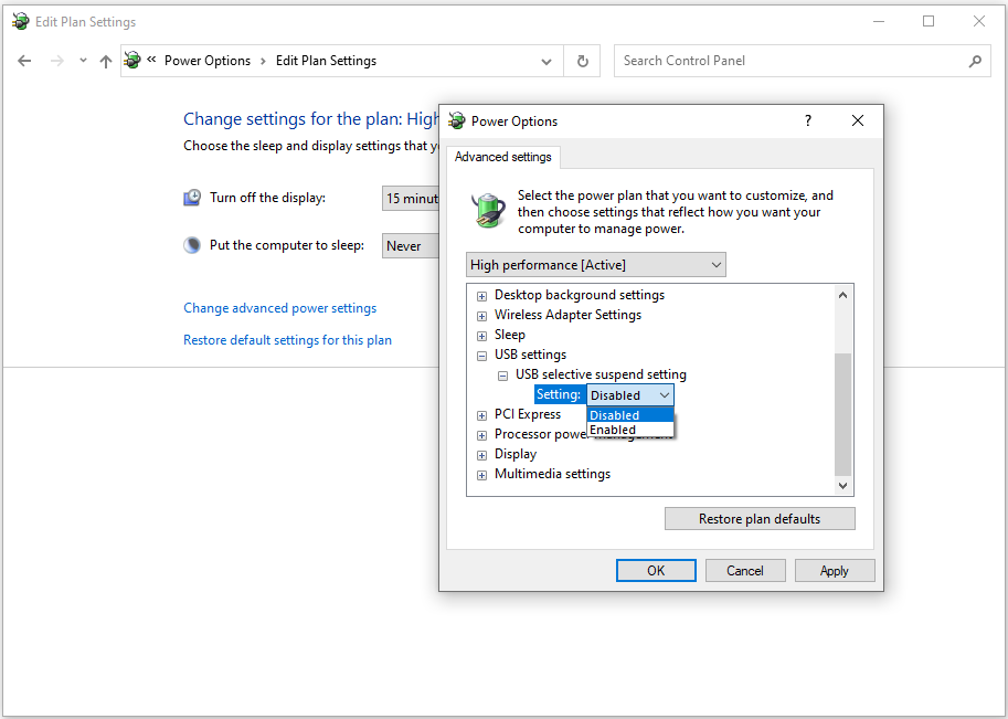 disable USB selective suspend settings