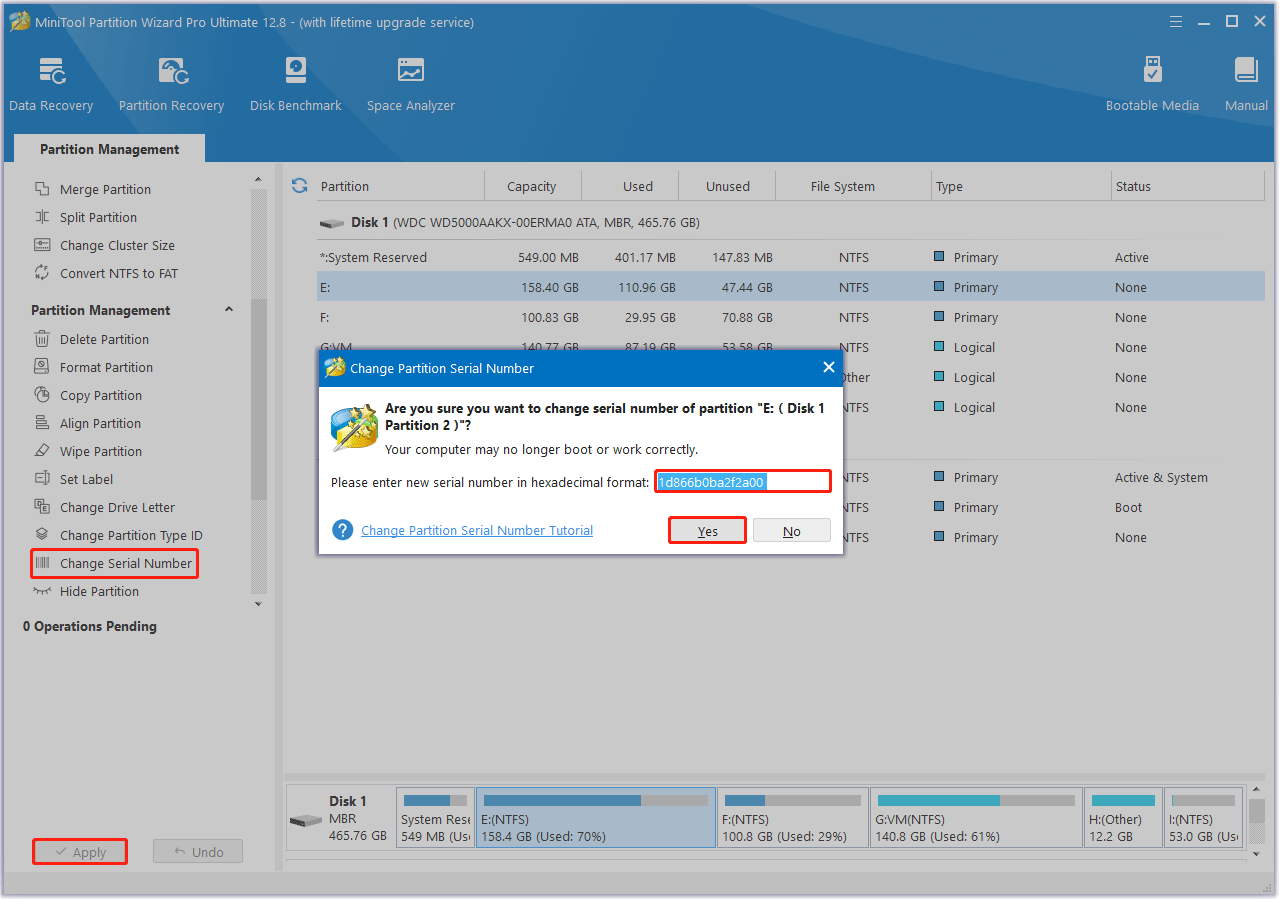 Change Serial Number with MiniTool Partition Wizard