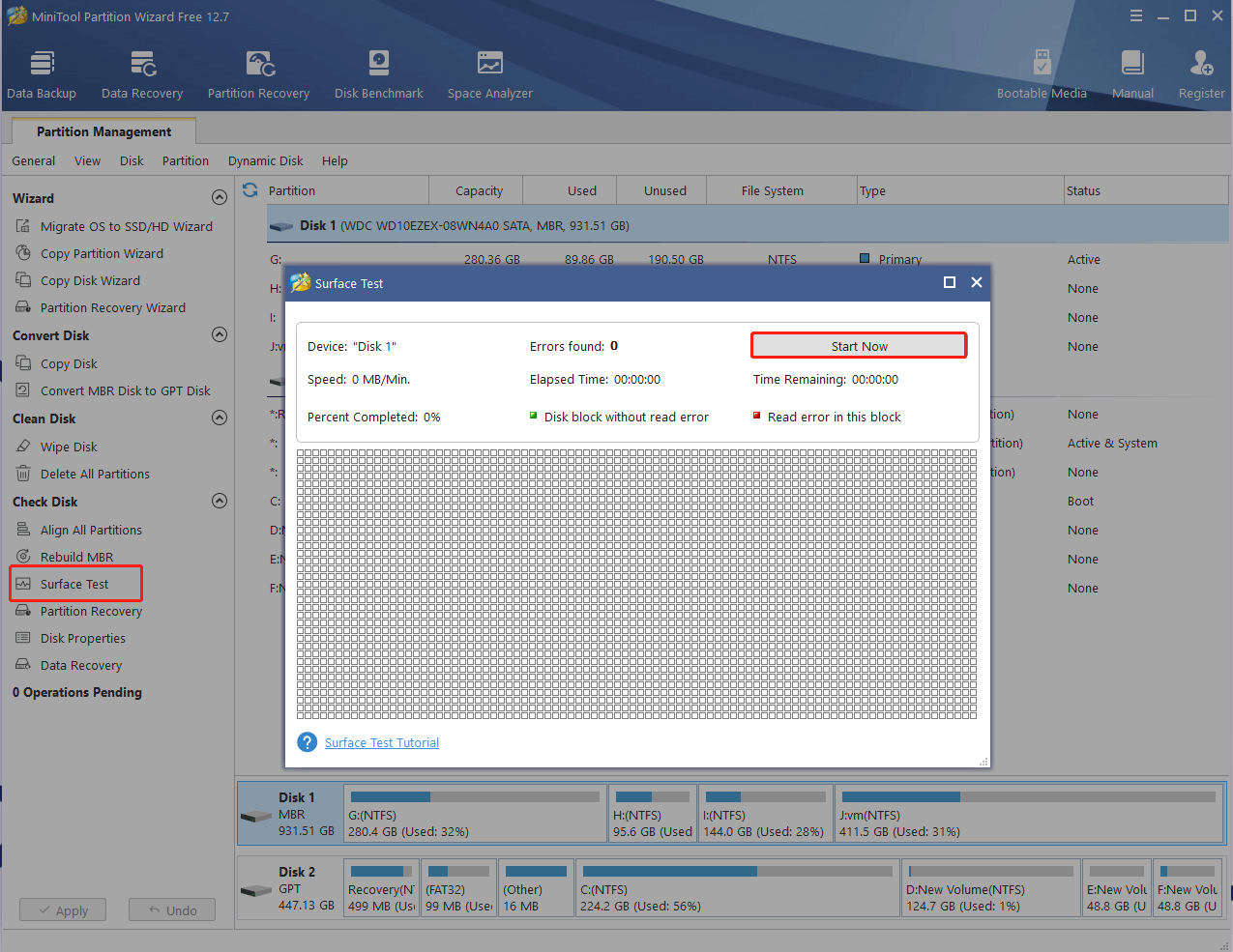 check bad sectors using MiniTool