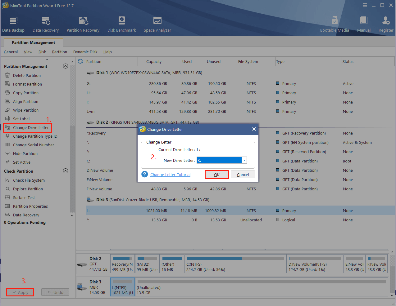 change USB drive letter using MiniTool