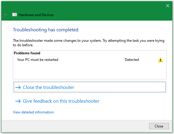 troubleshooting has completed