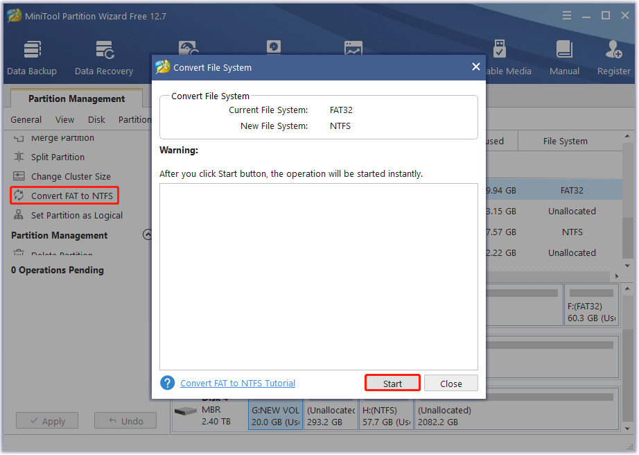 convert FAT32 to NTFS with MiniTool Partition Wizard