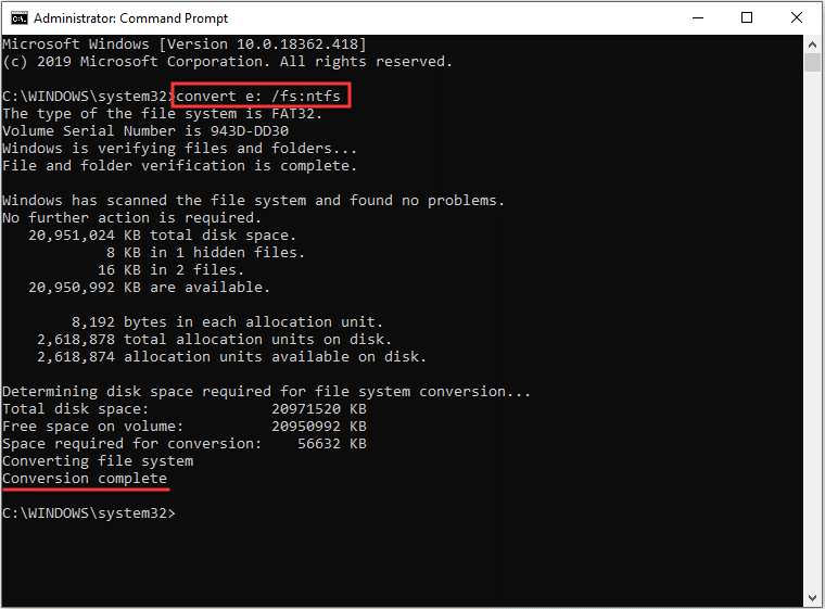 convert FAT32 to NTFS via CMD