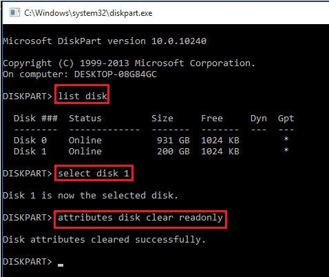 clear read only using diskpart