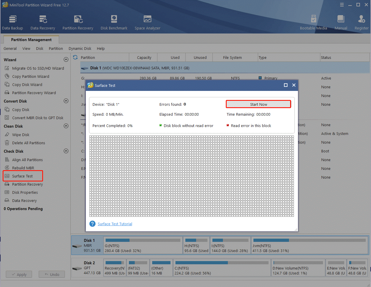 check bad blocks using MiniTool