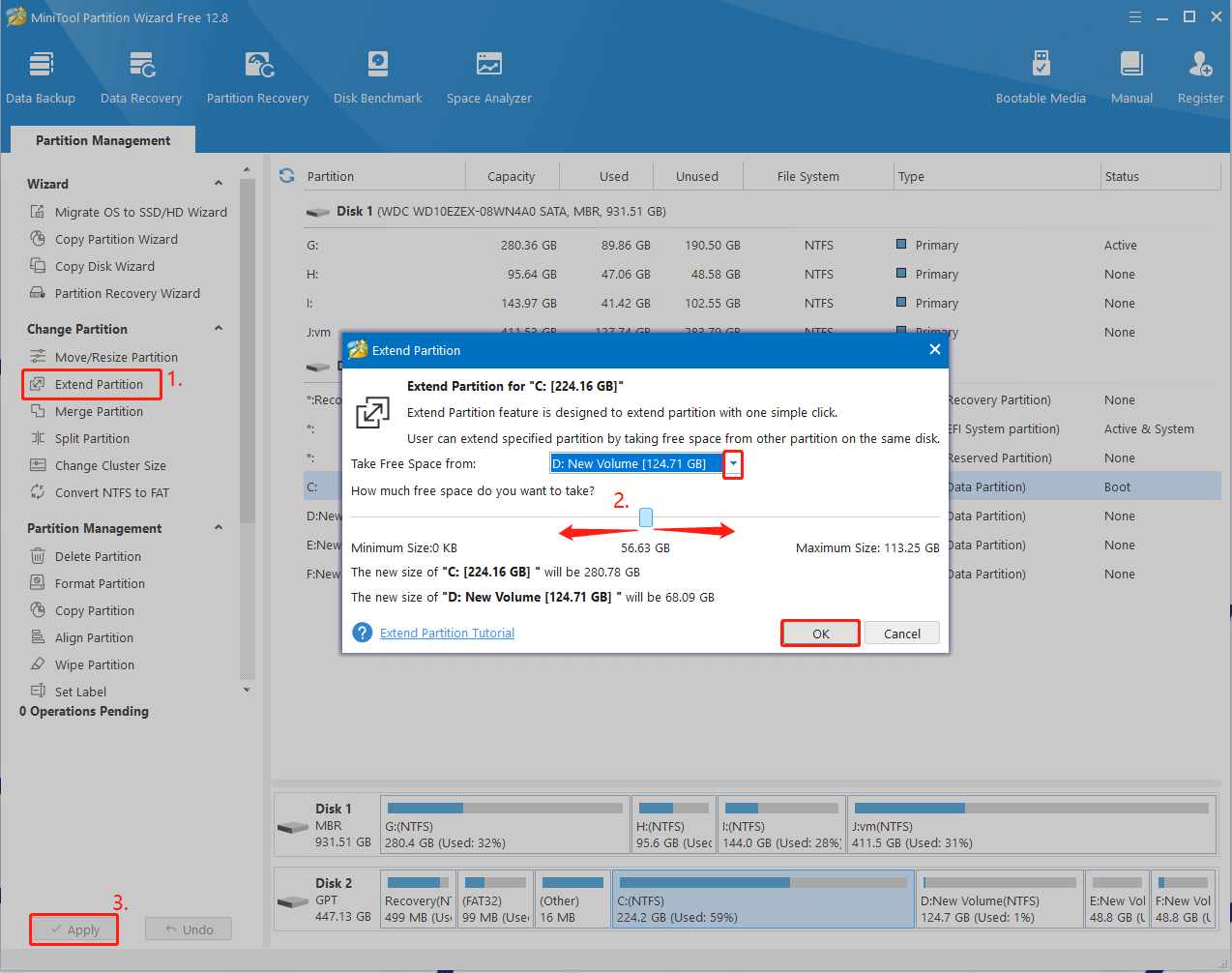 extend the C partition using MiniTool