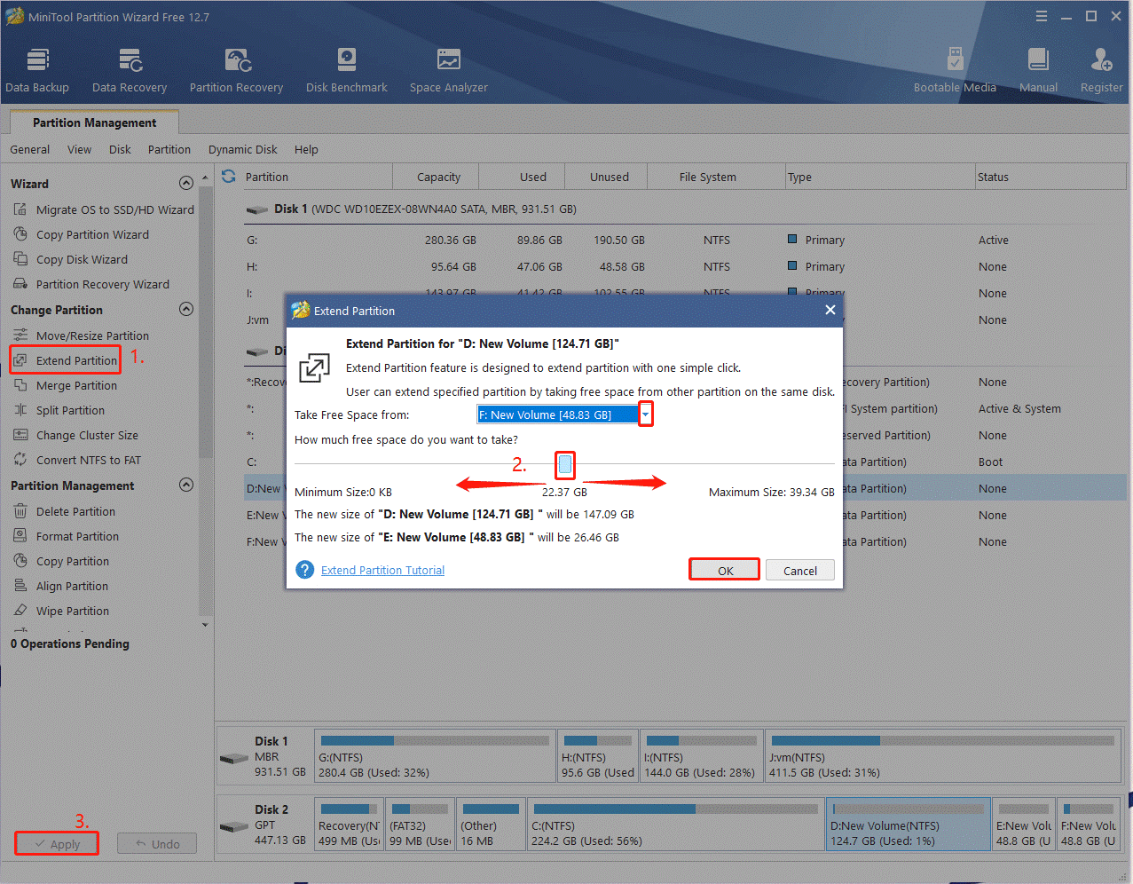 extend partition using MiniTool