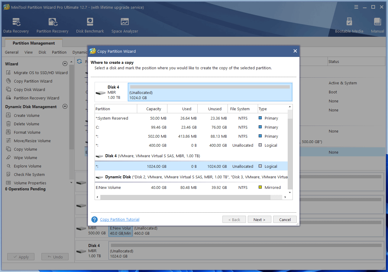 choose unallocated space to copy volume to