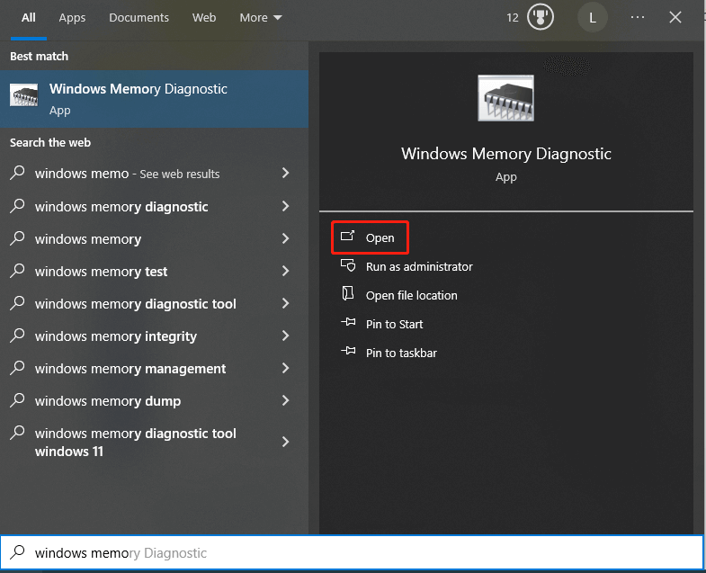 open Windows Memory Diagnostic from the search box