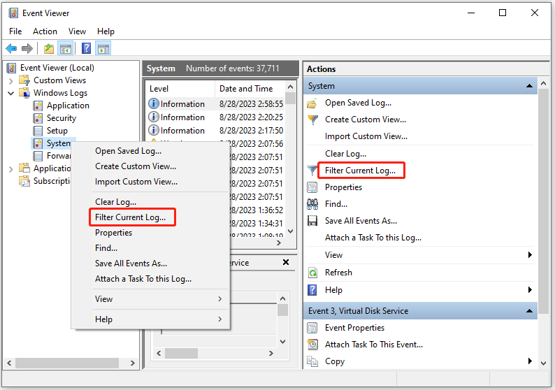 click Filter Current Log