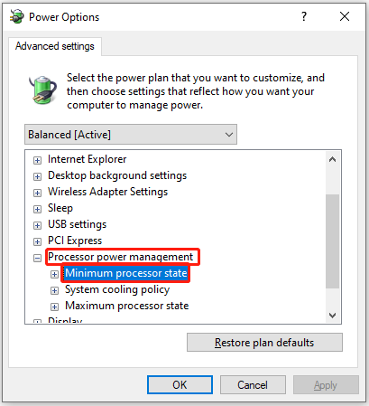 click Minimum processor state