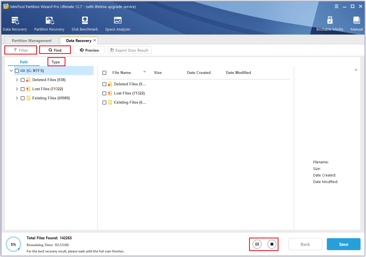 options to suspend the scanning process