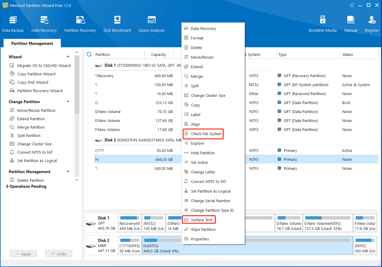 Select Check File System or Surface Test