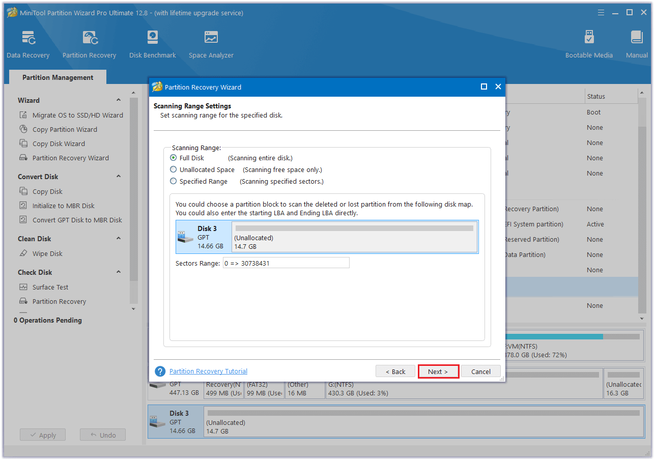 set the scanning range for the specified disk