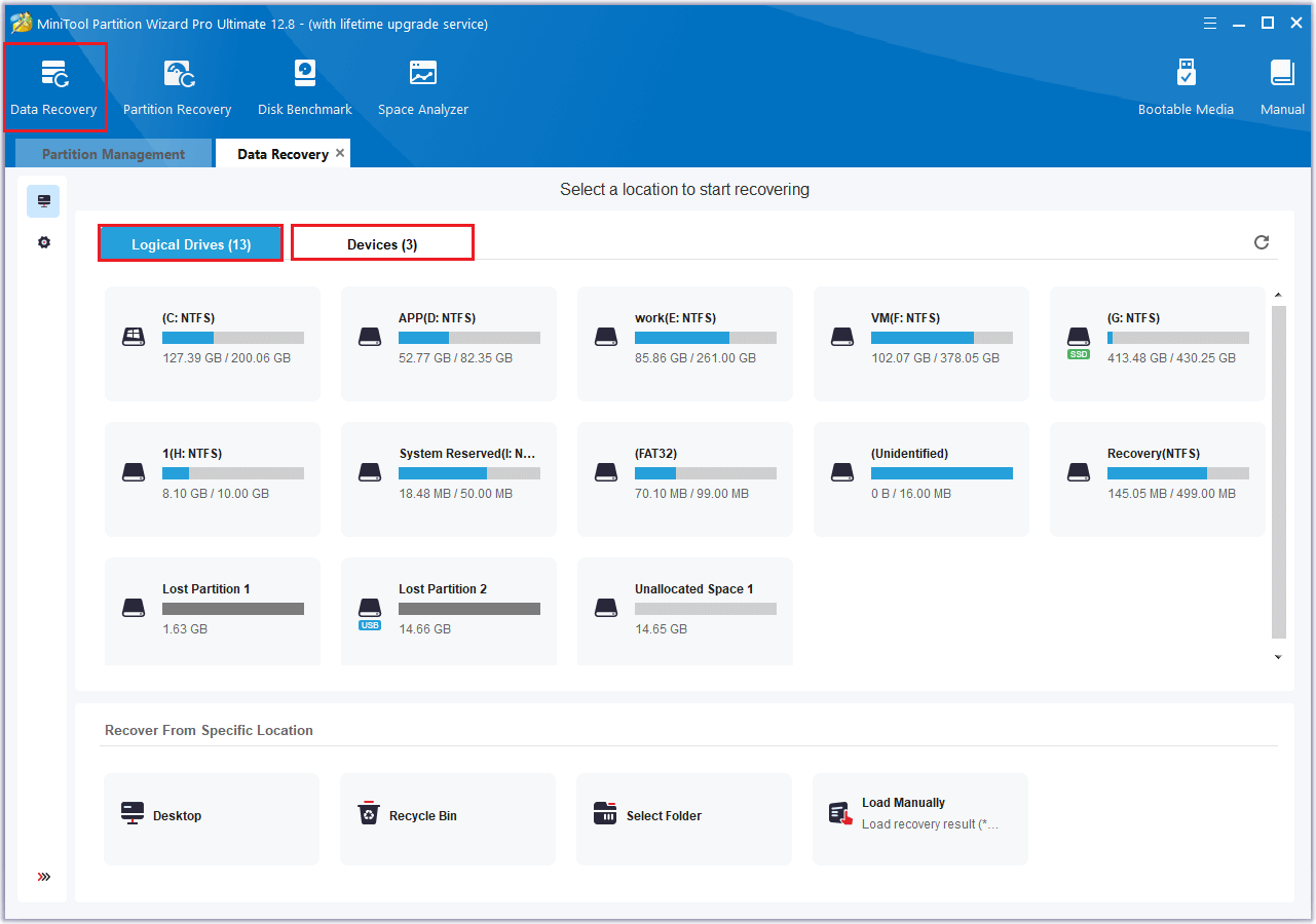 choose a location to scan and recover data