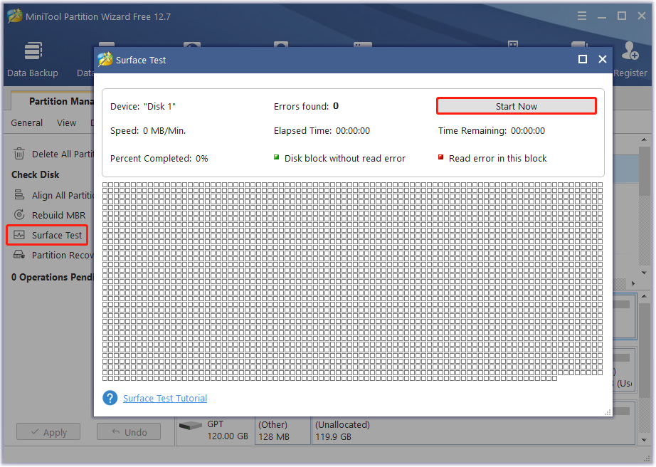 Surface Test via MiniTool Partition Wizard