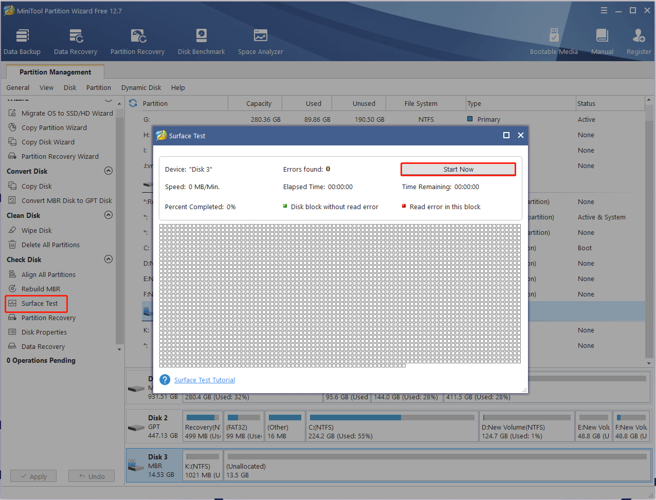 check bad sectors using MiniTool