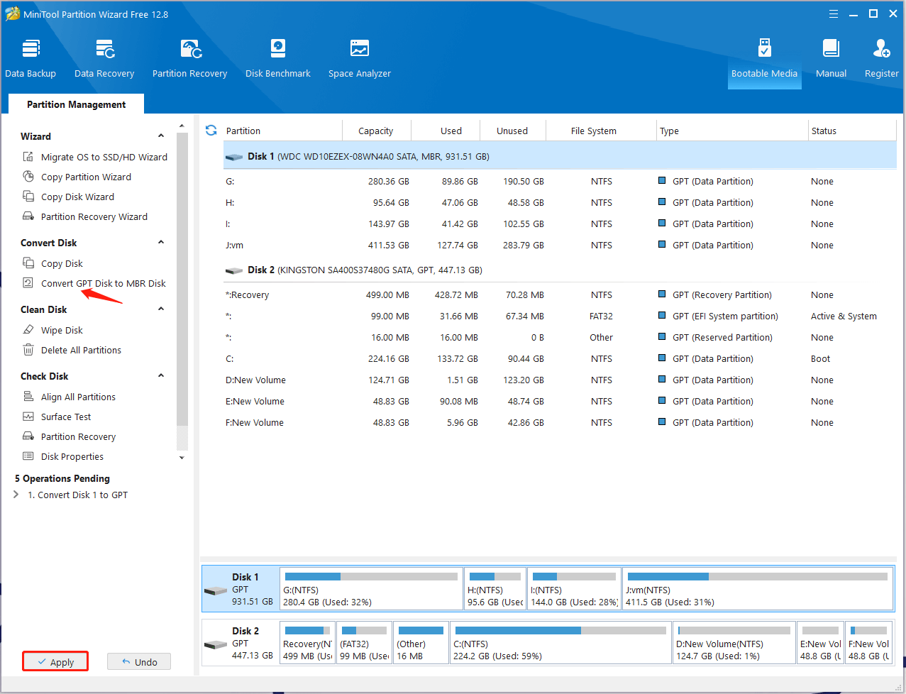 convert MBR to GPT using MiniTool