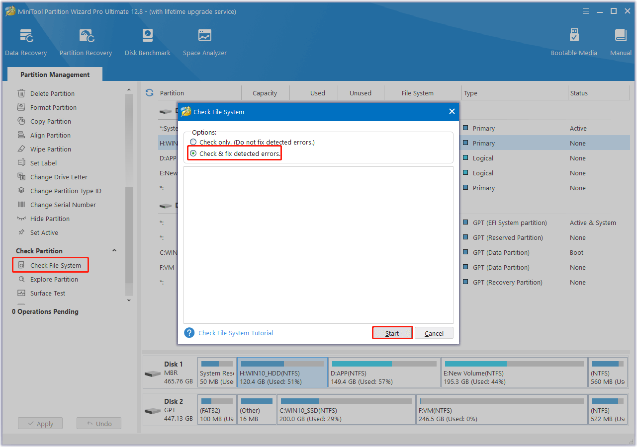 the steps of using Check File System feature