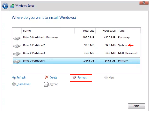 format system partition using Windows installation disc