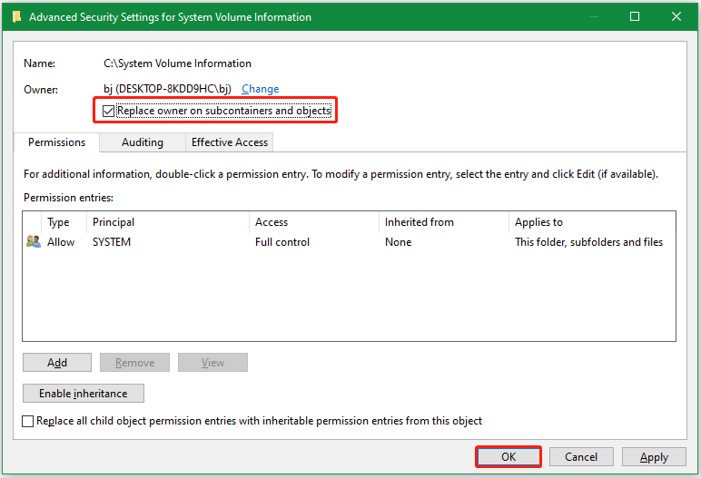 Replace owner on subcontainers and objects