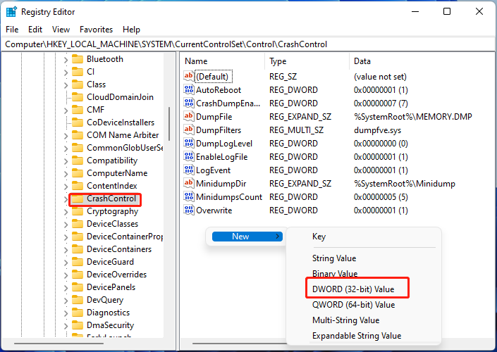 select CrashControl in Registry Editor